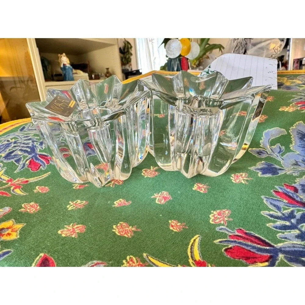 Set of 2 Mikasa Clear Crystal Snowflake Shaped‎ Candle Holders Home Decor
